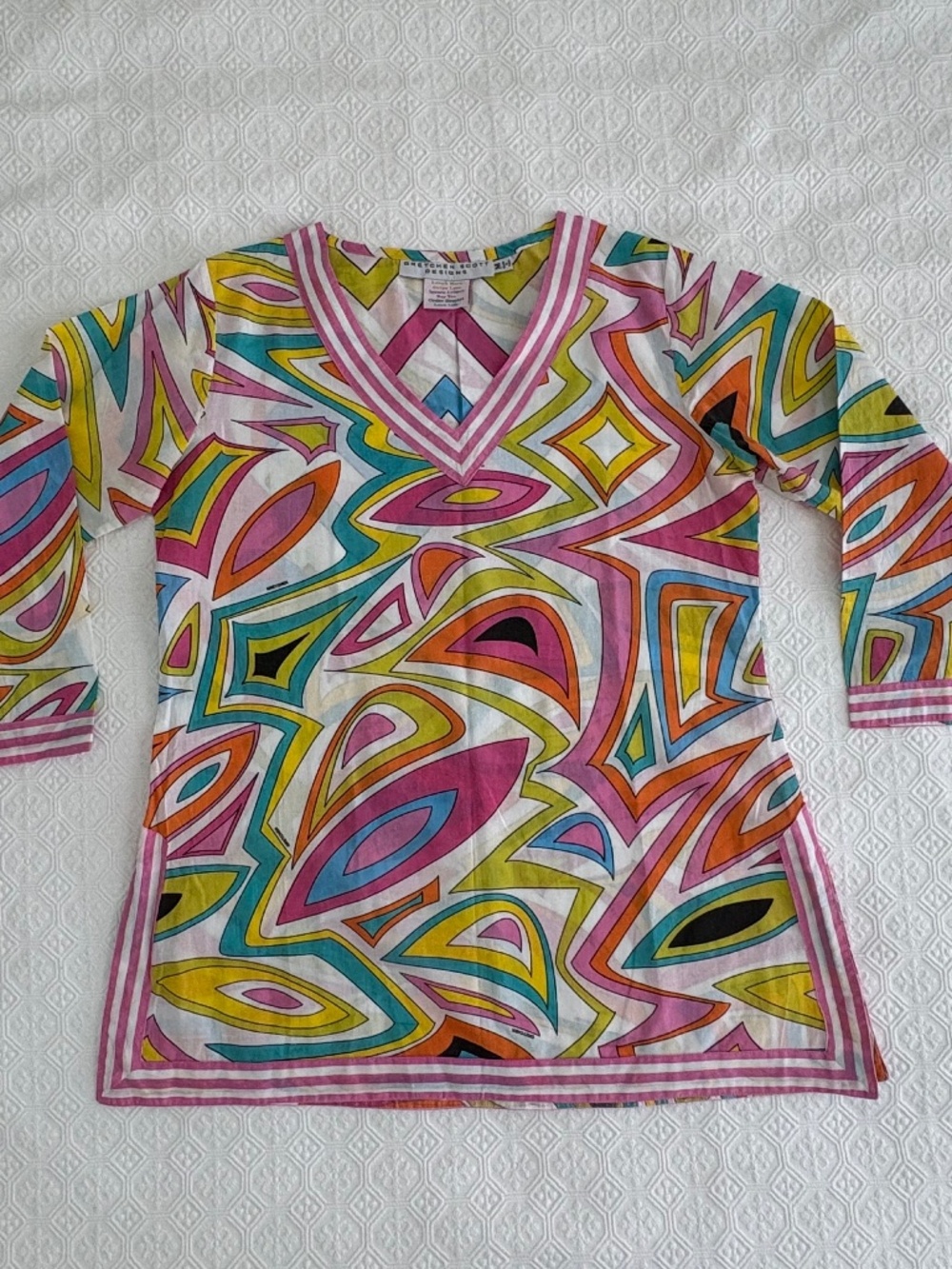 Gretchen Scott Bits N Pieces Cotton V-Neck Tunic Top Size M Geometric